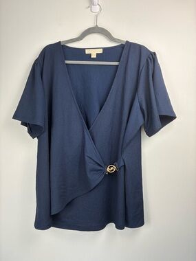 Michael Kors Wrap Style Top | Navy Blue | Buckle Detail